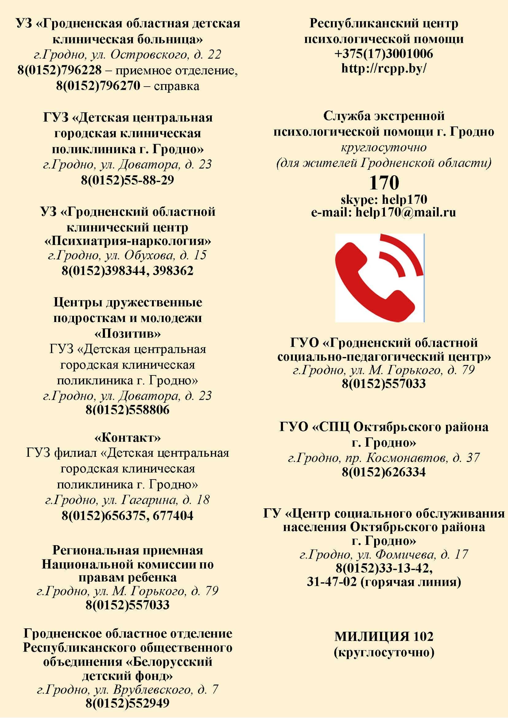 Телефон доверия - Средняя школа №13 имени В.Т.Цабо г. Гродно